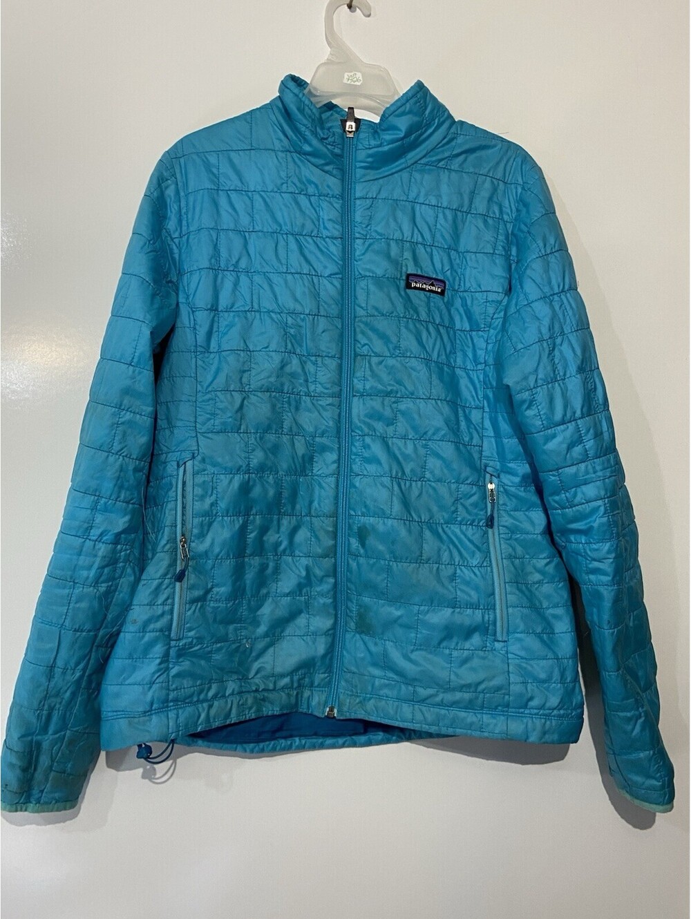 Womens PATAGONIA Light Blue Nano Puff Jacket Sz L *FLAWED*
